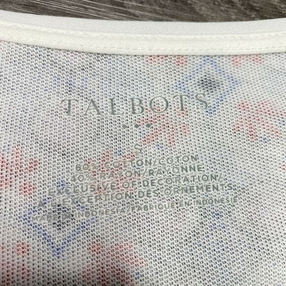 TALBOTS | sz S Women's White/Blue/Orange Medallion Short Sleeve Chiffon Hem Tee - Picture 4 of 6